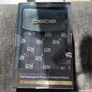 NIB Bebe Black and Gold Monogram Phone Crossbody Case